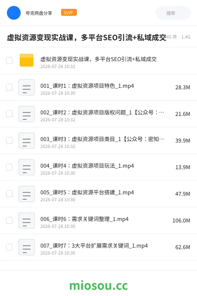 《虚拟资源变现实战课，多平台SEO引流+私域成交》人工智能网盘｜学习资源网盘