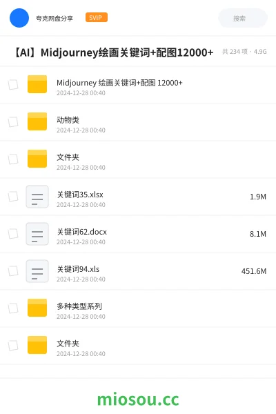 《Midjourney 绘画关键词+配图 12000+》人工智能网盘｜学习资源网盘